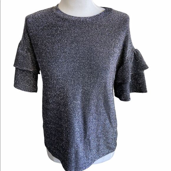 Michael Michael Kors  Black/Silver‎ Metallic Tiered Short Sleeve Top SP - Picture 1 of 8